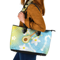 Hawaiian Ukulele Avocado Leather Tote Bag Leis and Polynesian Pattern LT03 White - Polynesian Pride