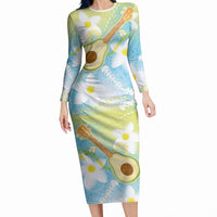 Hawaiian Ukulele Avocado Long Sleeve Bodycon Dress Leis and Polynesian Pattern LT03 Long Dress White - Polynesian Pride