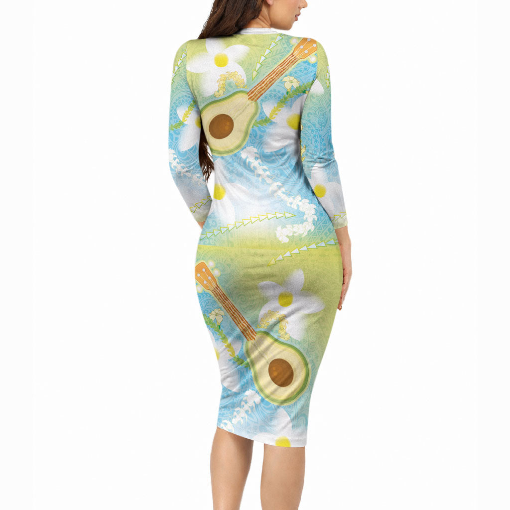 Hawaiian Ukulele Avocado Long Sleeve Bodycon Dress Leis and Polynesian Pattern LT03 - Polynesian Pride