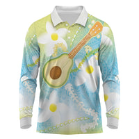 Hawaiian Ukulele Avocado Long Sleeve Polo Shirt Leis and Polynesian Pattern LT03 White - Polynesian Pride