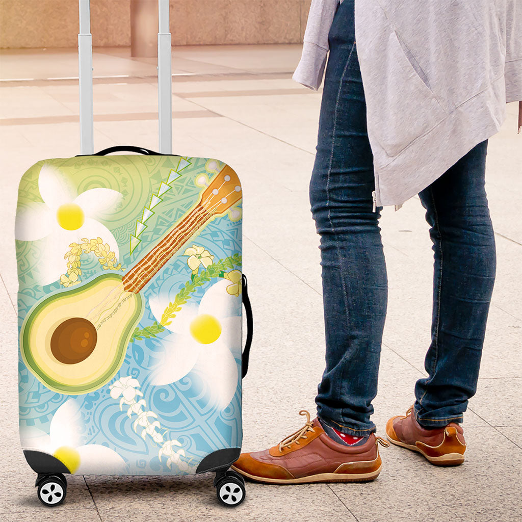Hawaiian Ukulele Avocado Luggage Cover Leis and Polynesian Pattern LT03 White - Polynesian Pride