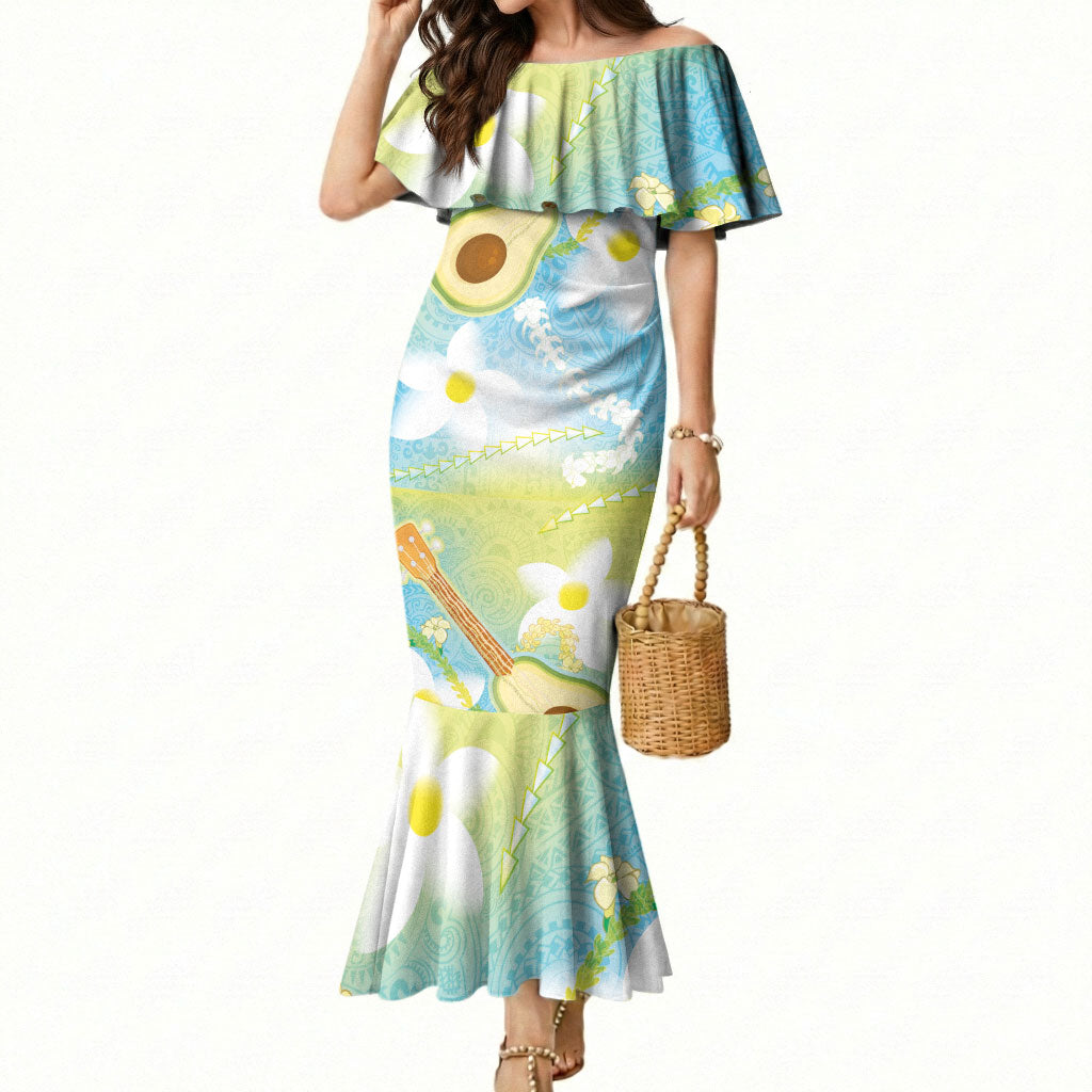 Hawaiian Ukulele Avocado Mermaid Dress Leis and Polynesian Pattern LT03 Women White - Polynesian Pride