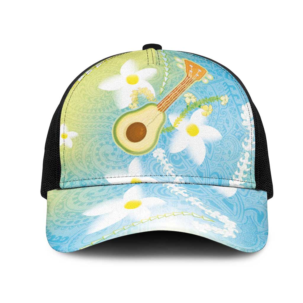 Hawaiian Ukulele Avocado Mesh Trucker Cap Leis and Polynesian Pattern LT03 One Size Black White - Polynesian Pride