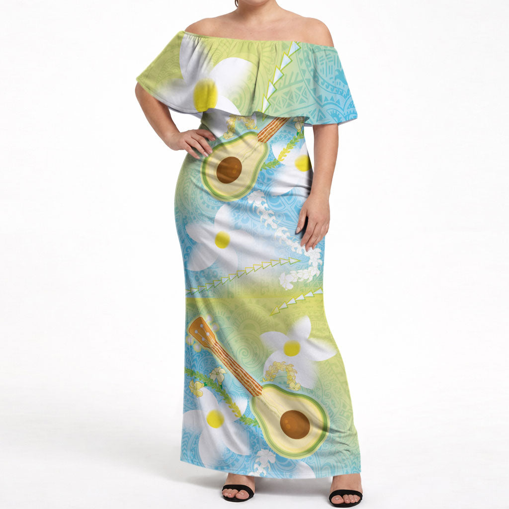 Hawaiian Ukulele Avocado Off Shoulder Maxi Dress Leis and Polynesian Pattern LT03 Women White - Polynesian Pride