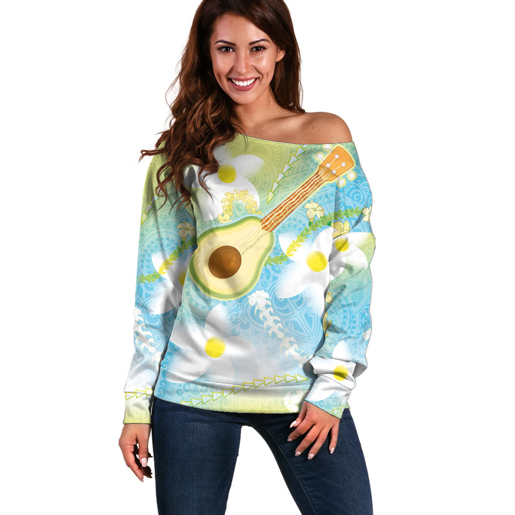 Hawaiian Ukulele Avocado Off Shoulder Sweater Leis and Polynesian Pattern LT03 Women White - Polynesian Pride