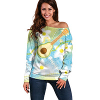 Hawaiian Ukulele Avocado Off Shoulder Sweater Leis and Polynesian Pattern LT03 Women White - Polynesian Pride
