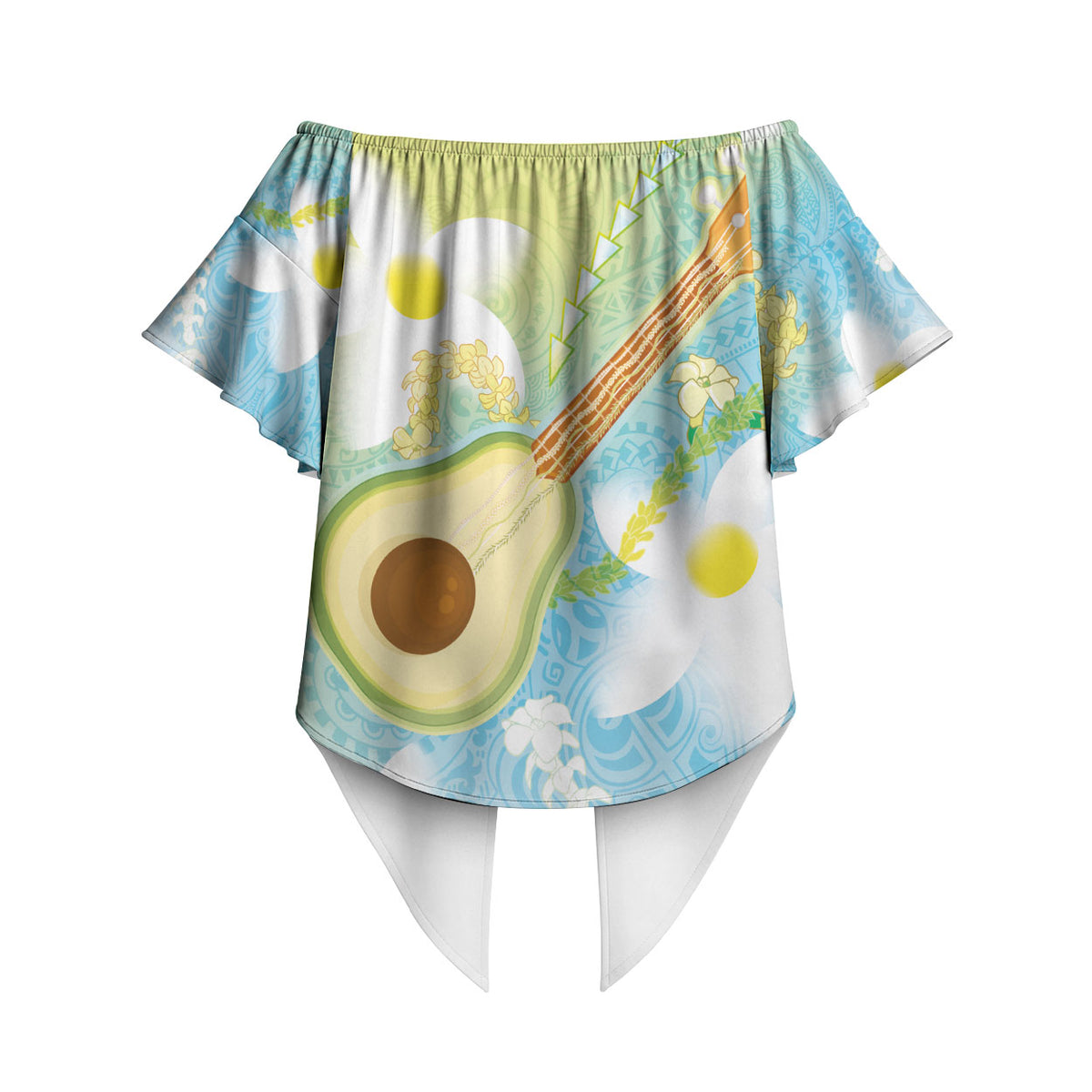 Hawaiian Ukulele Avocado Off Shoulder Wrap Waist Top Leis and Polynesian Pattern LT03 - Polynesian Pride