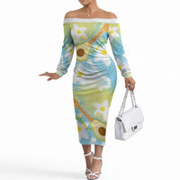 Hawaiian Ukulele Avocado Off The Shoulder Long Sleeve Dress Leis and Polynesian Pattern LT03 Women White - Polynesian Pride