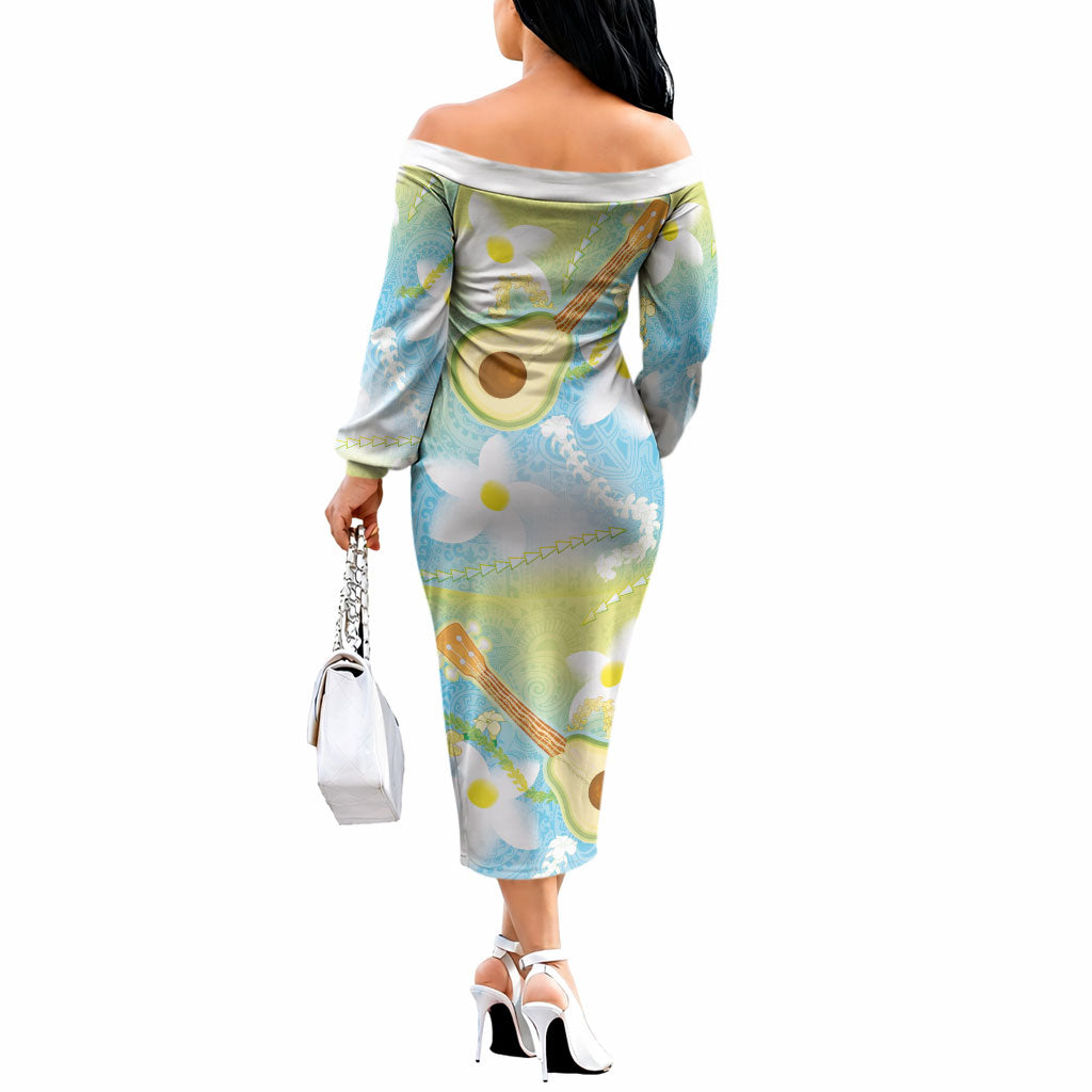 Hawaiian Ukulele Avocado Off The Shoulder Long Sleeve Dress Leis and Polynesian Pattern LT03 - Polynesian Pride