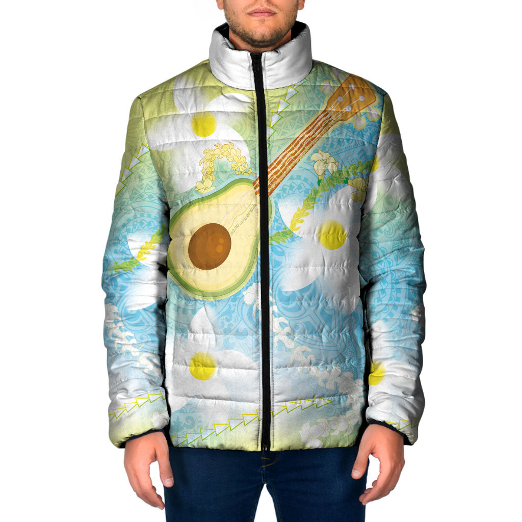 Hawaiian Ukulele Avocado Padded Jacket Leis and Polynesian Pattern LT03 Men White - Polynesian Pride