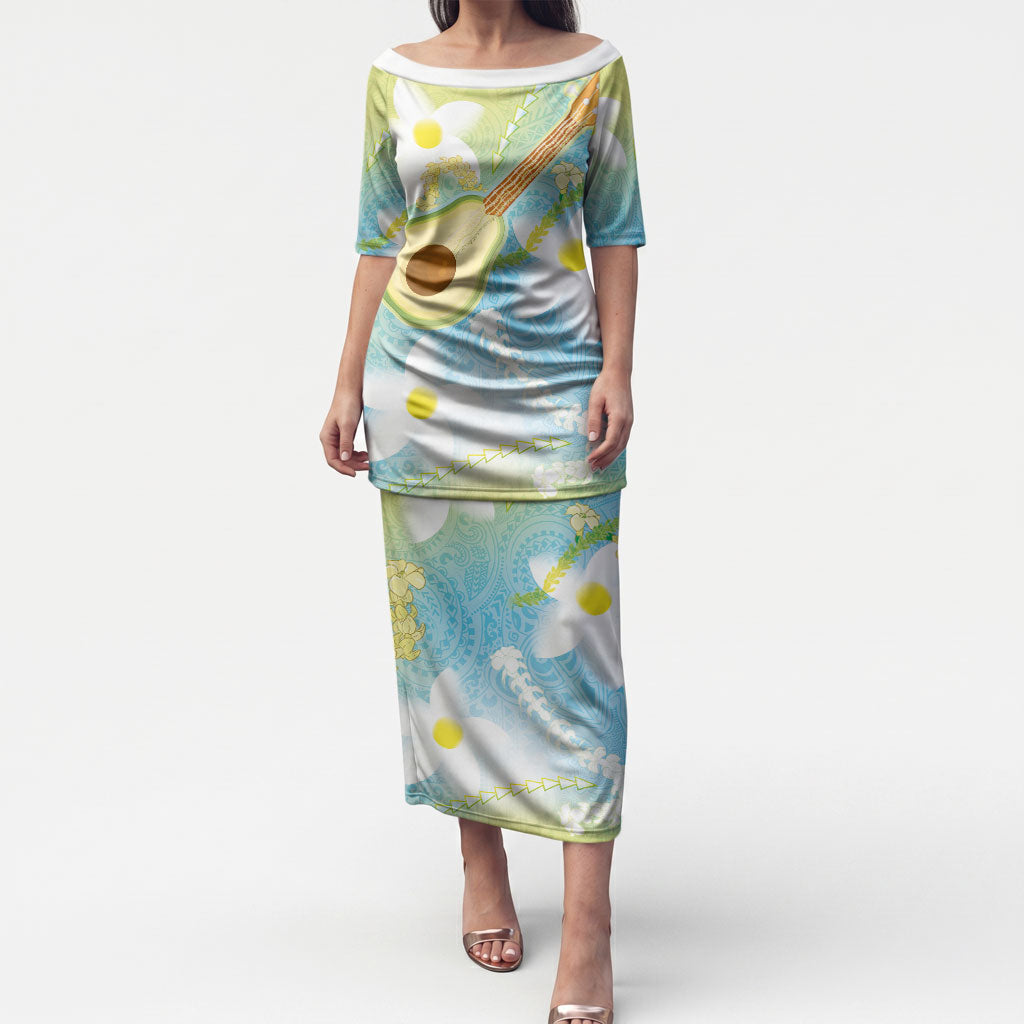 Hawaiian Ukulele Avocado Puletasi Leis and Polynesian Pattern LT03 Long Dress White - Polynesian Pride