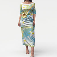 Hawaiian Ukulele Avocado Puletasi Leis and Polynesian Pattern LT03 Long Dress White - Polynesian Pride