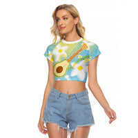 Hawaiian Ukulele Avocado Raglan Cropped T Shirt Leis and Polynesian Pattern LT03 Female White - Polynesian Pride