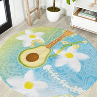 Hawaiian Ukulele Avocado Round Carpet Leis and Polynesian Pattern LT03 White - Polynesian Pride