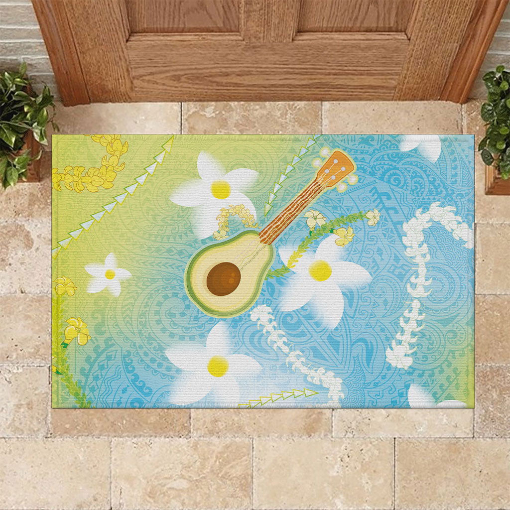 Hawaiian Ukulele Avocado Rubber Doormat Leis and Polynesian Pattern LT03 White - Polynesian Pride