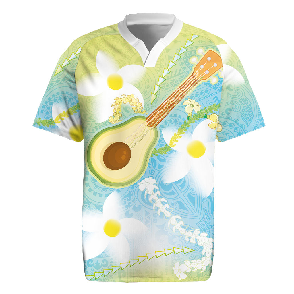 Hawaiian Ukulele Avocado Rugby Jersey Leis and Polynesian Pattern LT03 White - Polynesian Pride