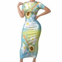Hawaiian Ukulele Avocado Short Sleeve Bodycon Dress Leis and Polynesian Pattern LT03 Long Dress White - Polynesian Pride