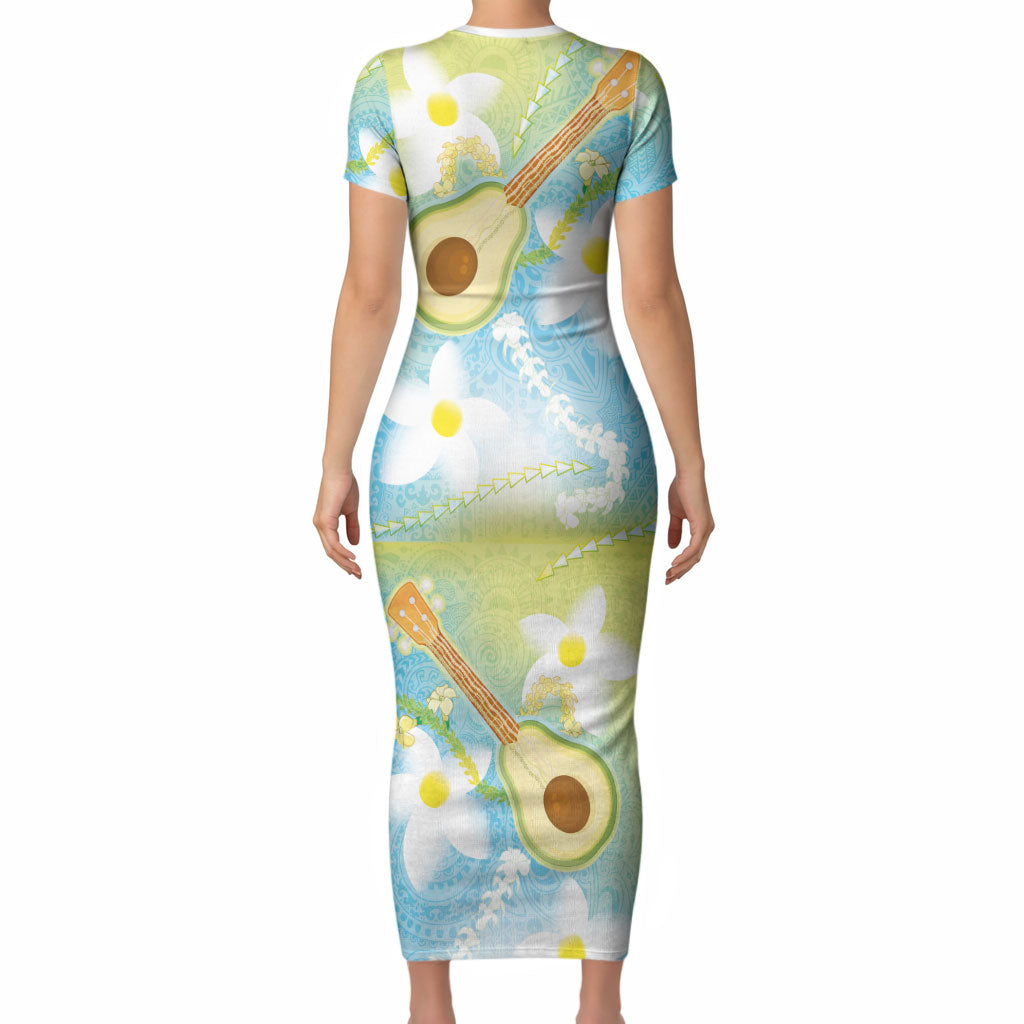 Hawaiian Ukulele Avocado Short Sleeve Bodycon Dress Leis and Polynesian Pattern LT03 - Polynesian Pride