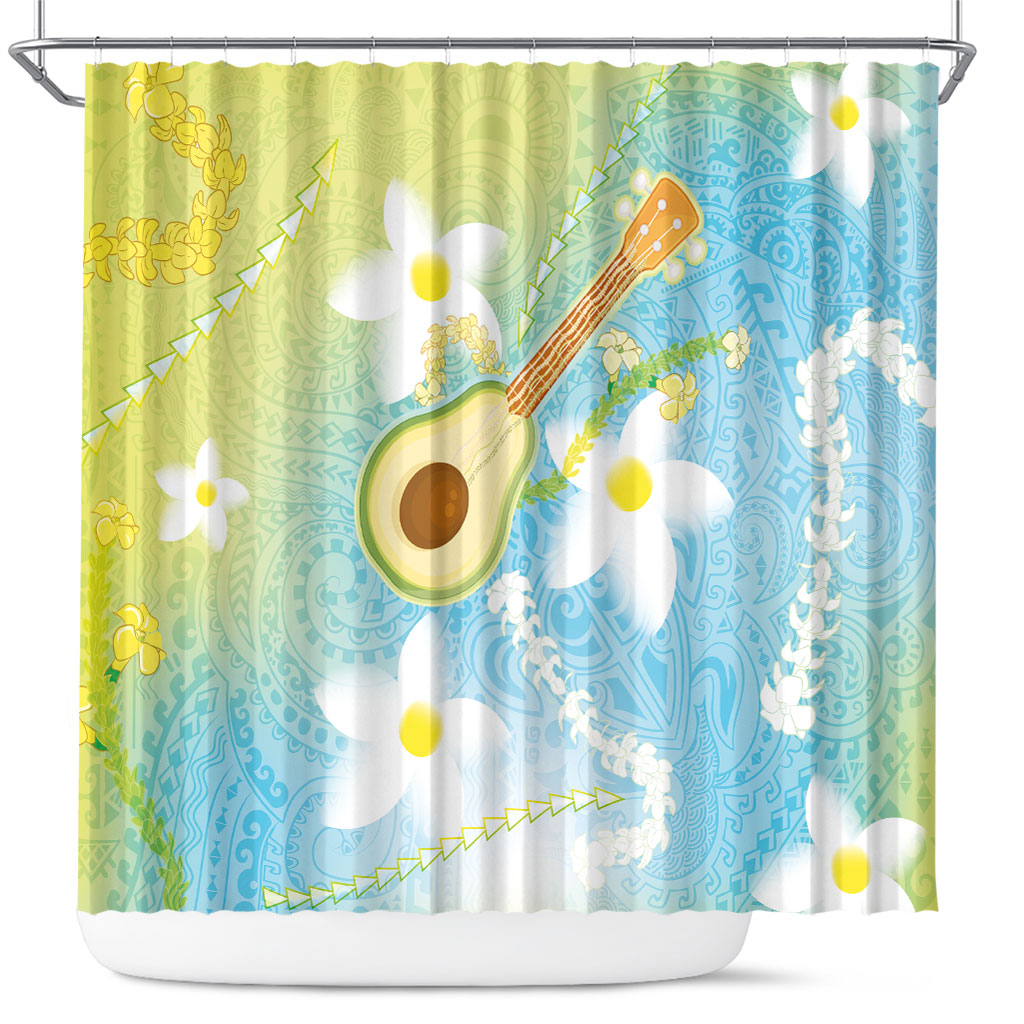 Hawaiian Ukulele Avocado Shower Curtain Leis and Polynesian Pattern LT03 White - Polynesian Pride