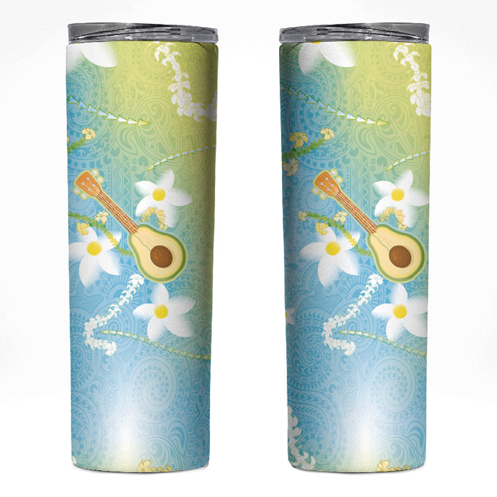 Hawaiian Ukulele Avocado Skinny Tumbler Leis and Polynesian Pattern LT03 White - Polynesian Pride