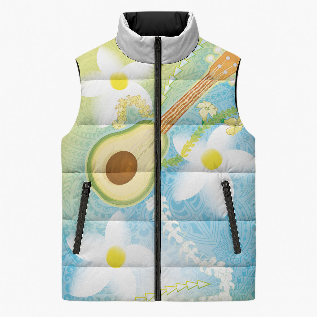 Hawaiian Ukulele Avocado Sleeveless Puffer Jacket Leis and Polynesian Pattern LT03 Unisex White - Polynesian Pride