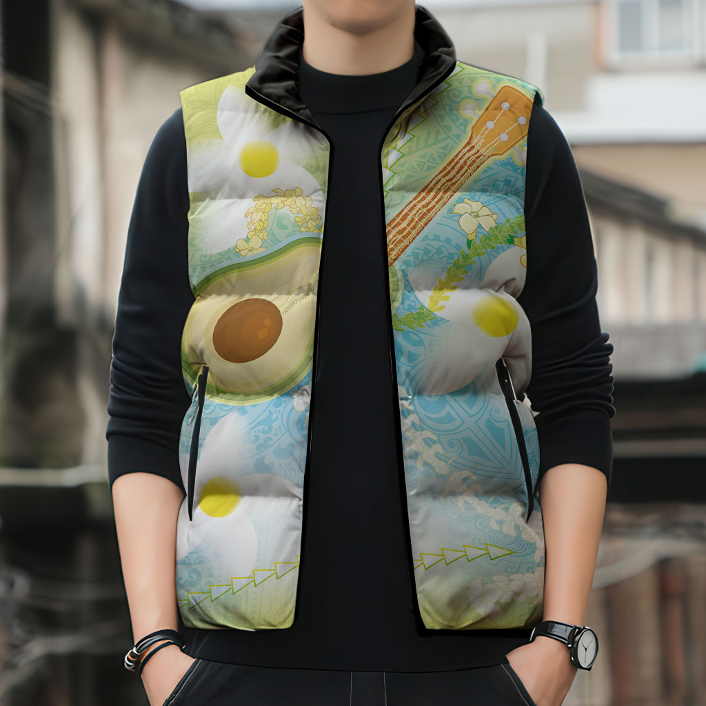 Hawaiian Ukulele Avocado Sleeveless Puffer Jacket Leis and Polynesian Pattern LT03 - Polynesian Pride