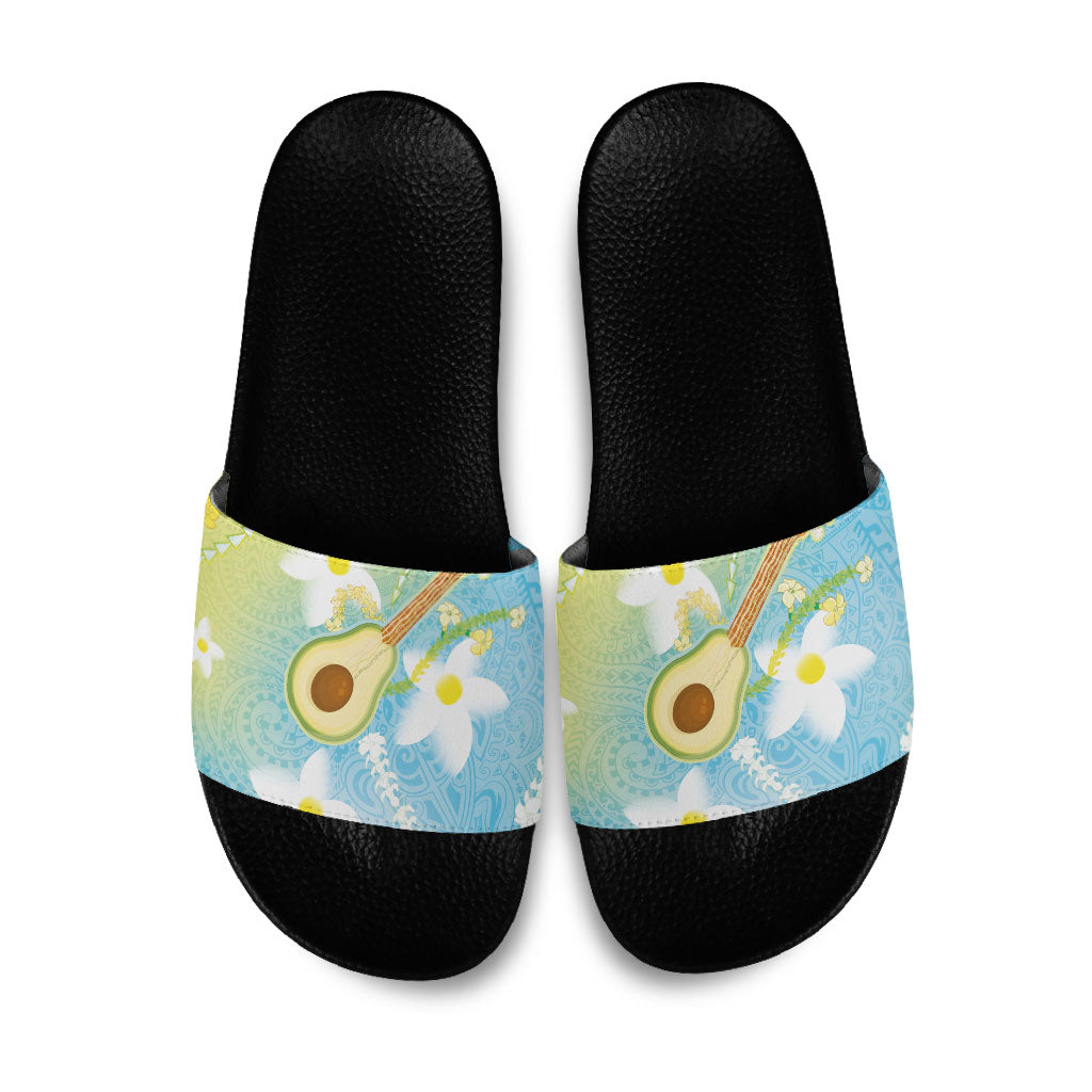 Hawaiian Ukulele Avocado Slide Sandals Leis and Polynesian Pattern LT03 White - Polynesian Pride