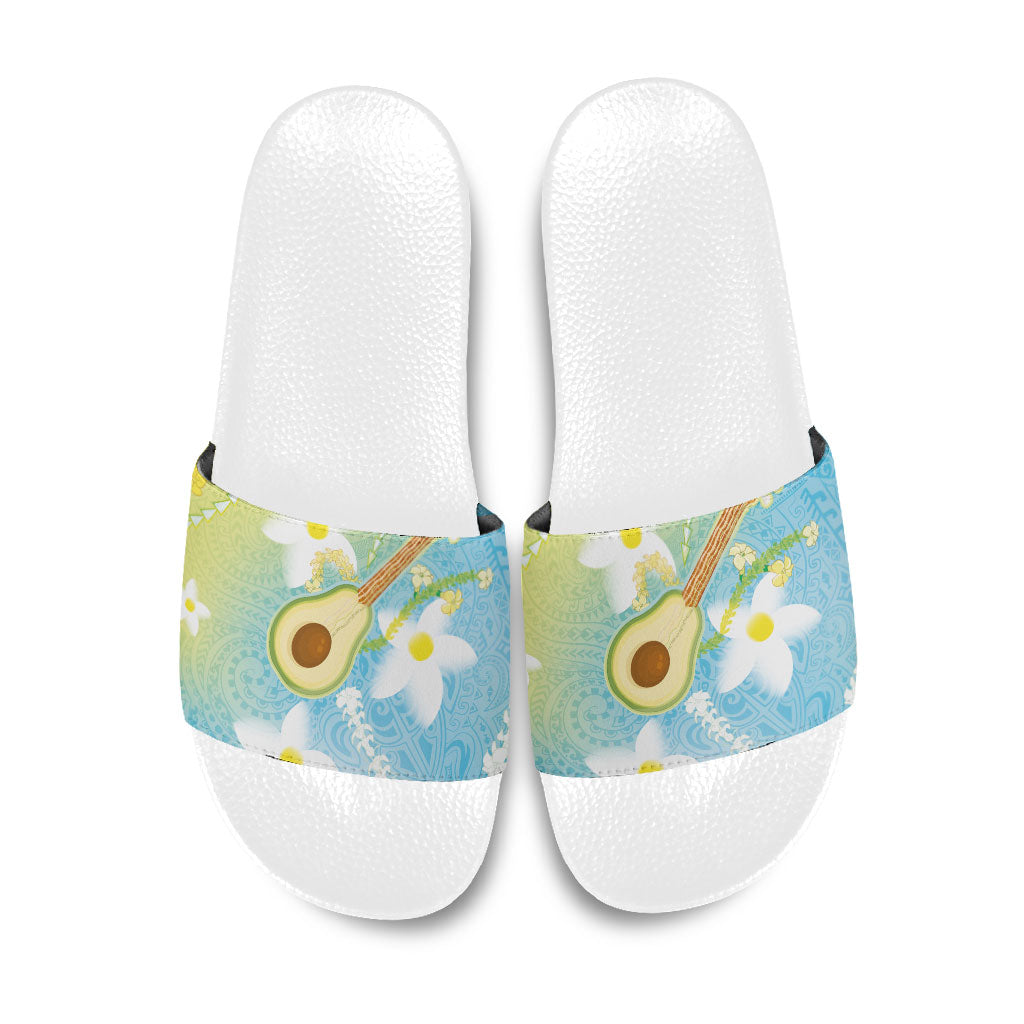 Hawaiian Ukulele Avocado Slide Sandals Leis and Polynesian Pattern LT03 White - Polynesian Pride