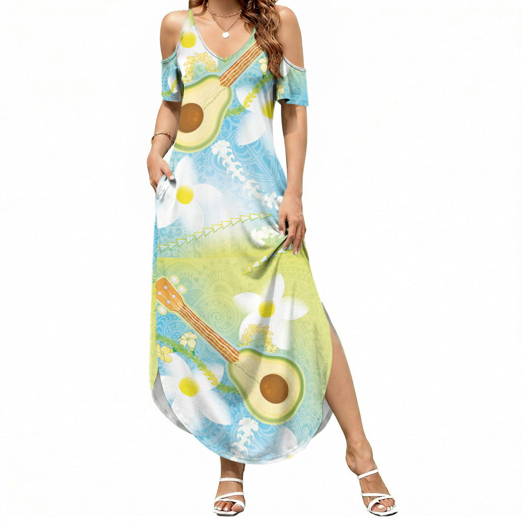 Hawaiian Ukulele Avocado Summer Maxi Dress Leis and Polynesian Pattern LT03 Women White - Polynesian Pride