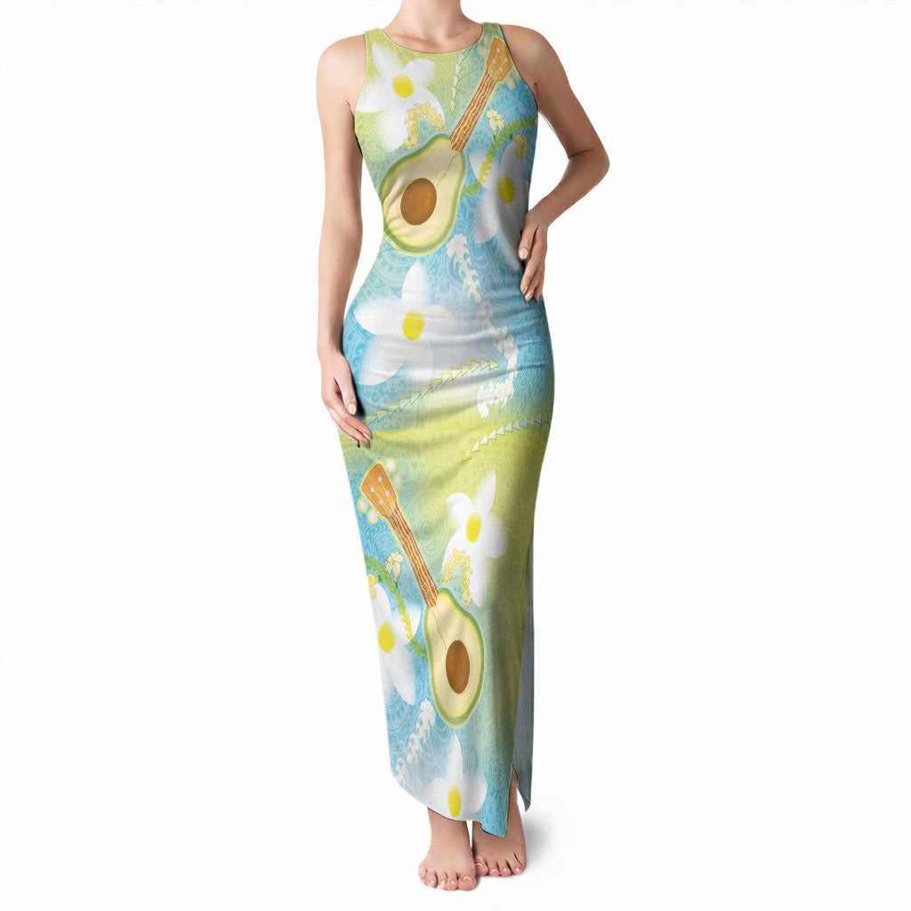 Hawaiian Ukulele Avocado Tank Maxi Dress Leis and Polynesian Pattern LT03 Women White - Polynesian Pride