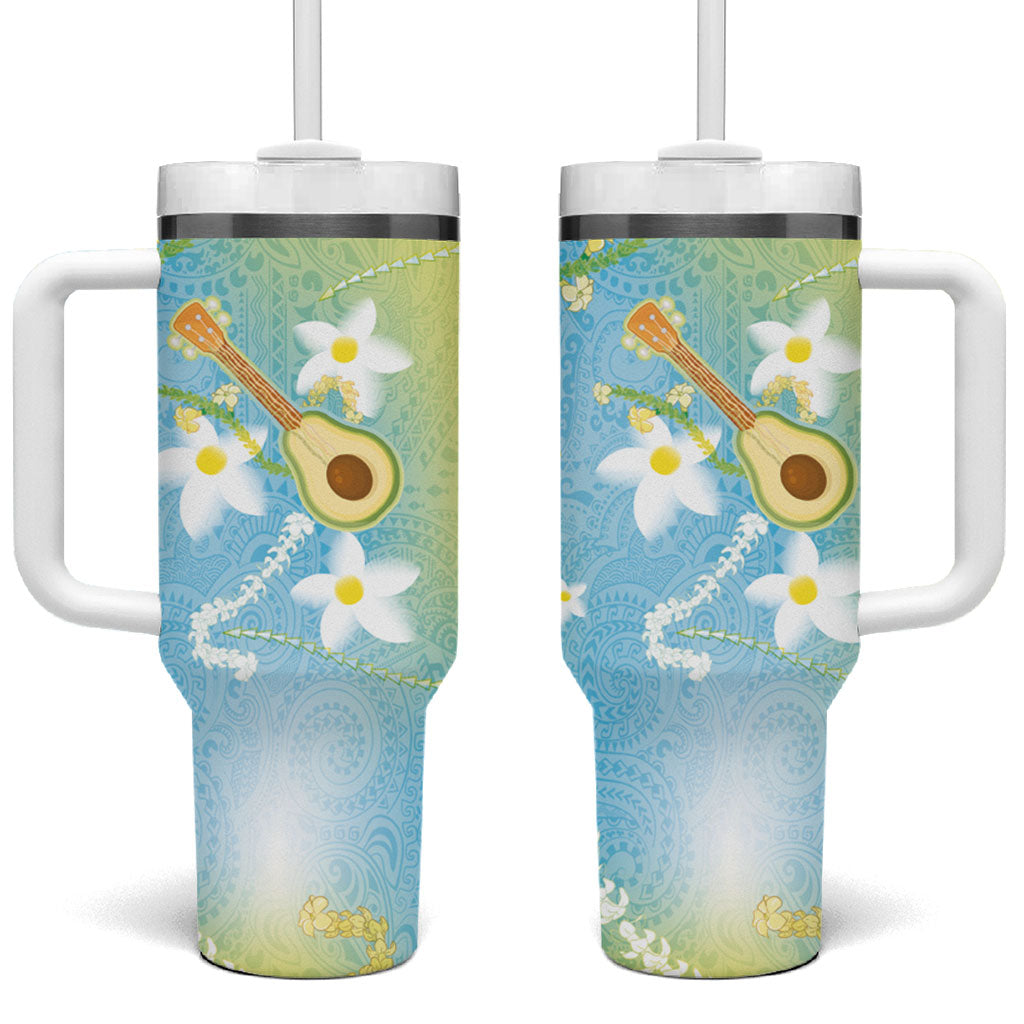 Hawaiian Ukulele Avocado Tumbler With Handle Leis and Polynesian Pattern LT03 One Size: 40 oz White - Polynesian Pride