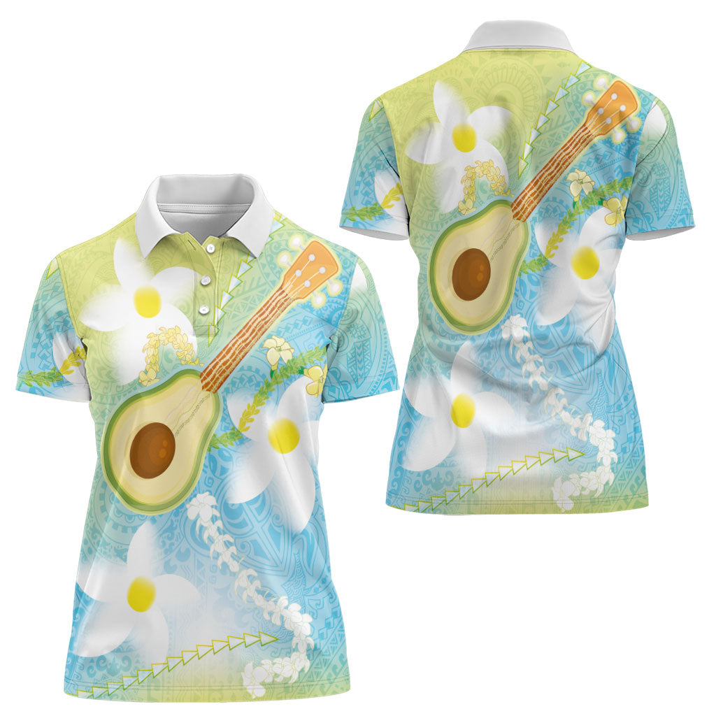 Hawaiian Ukulele Avocado Women Polo Shirt Leis and Polynesian Pattern LT03 - Polynesian Pride