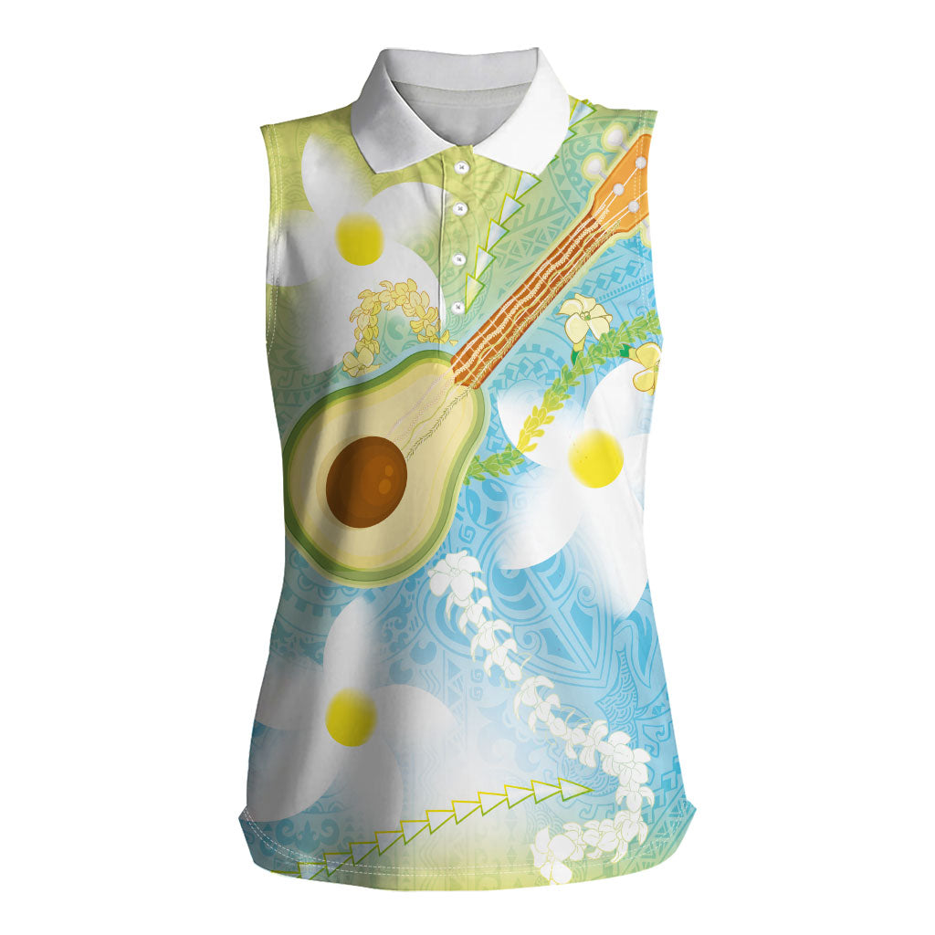 Hawaiian Ukulele Avocado Women Sleeveless Polo Shirt Leis and Polynesian Pattern LT03 Female White - Polynesian Pride