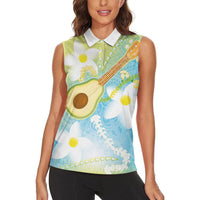 Hawaiian Ukulele Avocado Women Sleeveless Polo Shirt Leis and Polynesian Pattern LT03 - Polynesian Pride