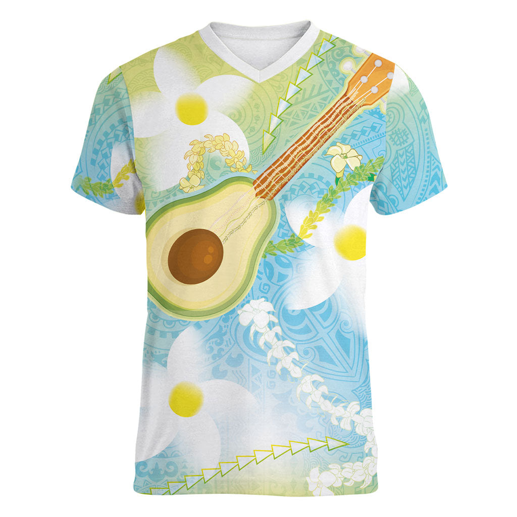 Hawaiian Ukulele Avocado Women V-Neck T-Shirt Leis and Polynesian Pattern LT03 Female White - Polynesian Pride
