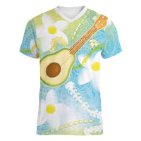 Hawaiian Ukulele Avocado Women V-Neck T-Shirt Leis and Polynesian Pattern LT03 Female White - Polynesian Pride