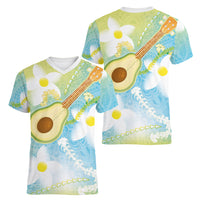 Hawaiian Ukulele Avocado Women V-Neck T-Shirt Leis and Polynesian Pattern LT03 - Polynesian Pride