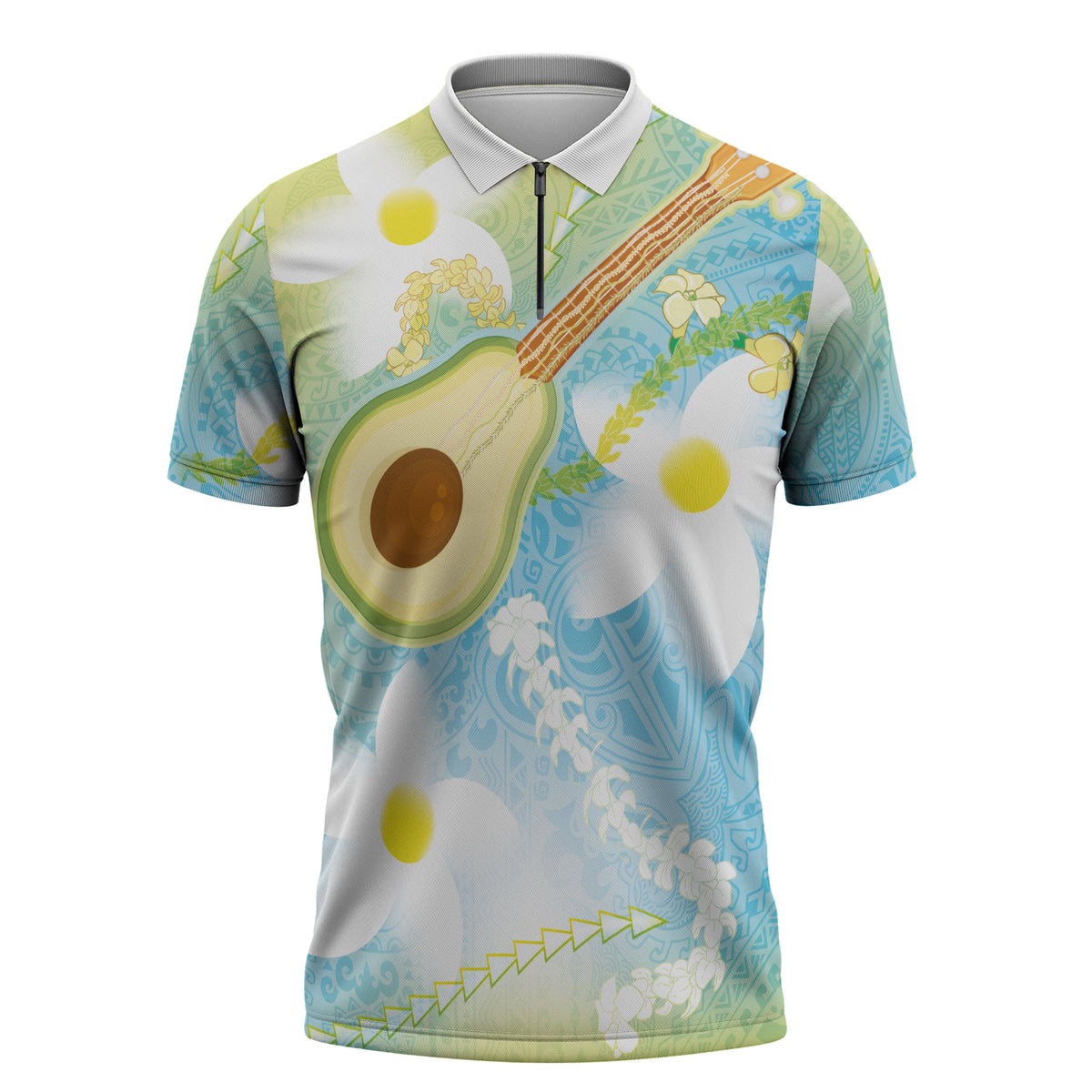 Hawaiian Ukulele Avocado Zipper Polo Shirt Leis and Polynesian Pattern LT03 White - Polynesian Pride