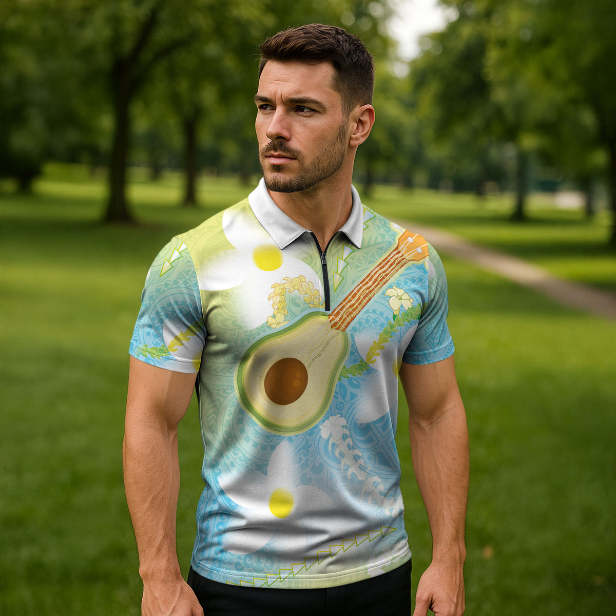 Hawaiian Ukulele Avocado Zipper Polo Shirt Leis and Polynesian Pattern LT03 - Polynesian Pride