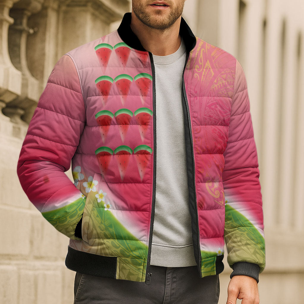 Hawaiian Watermelon Bomber Puffer Jacket with Kakau Art Tattoo LT03 - Polynesian Pride