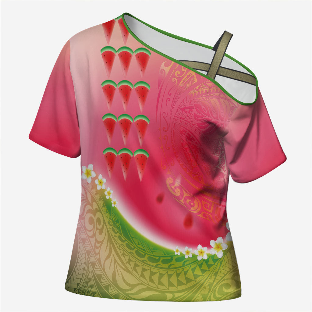 Hawaiian Watermelon Cross Shoulder Shirt with Kakau Art Tattoo LT03 Female Multicolor - Polynesian Pride