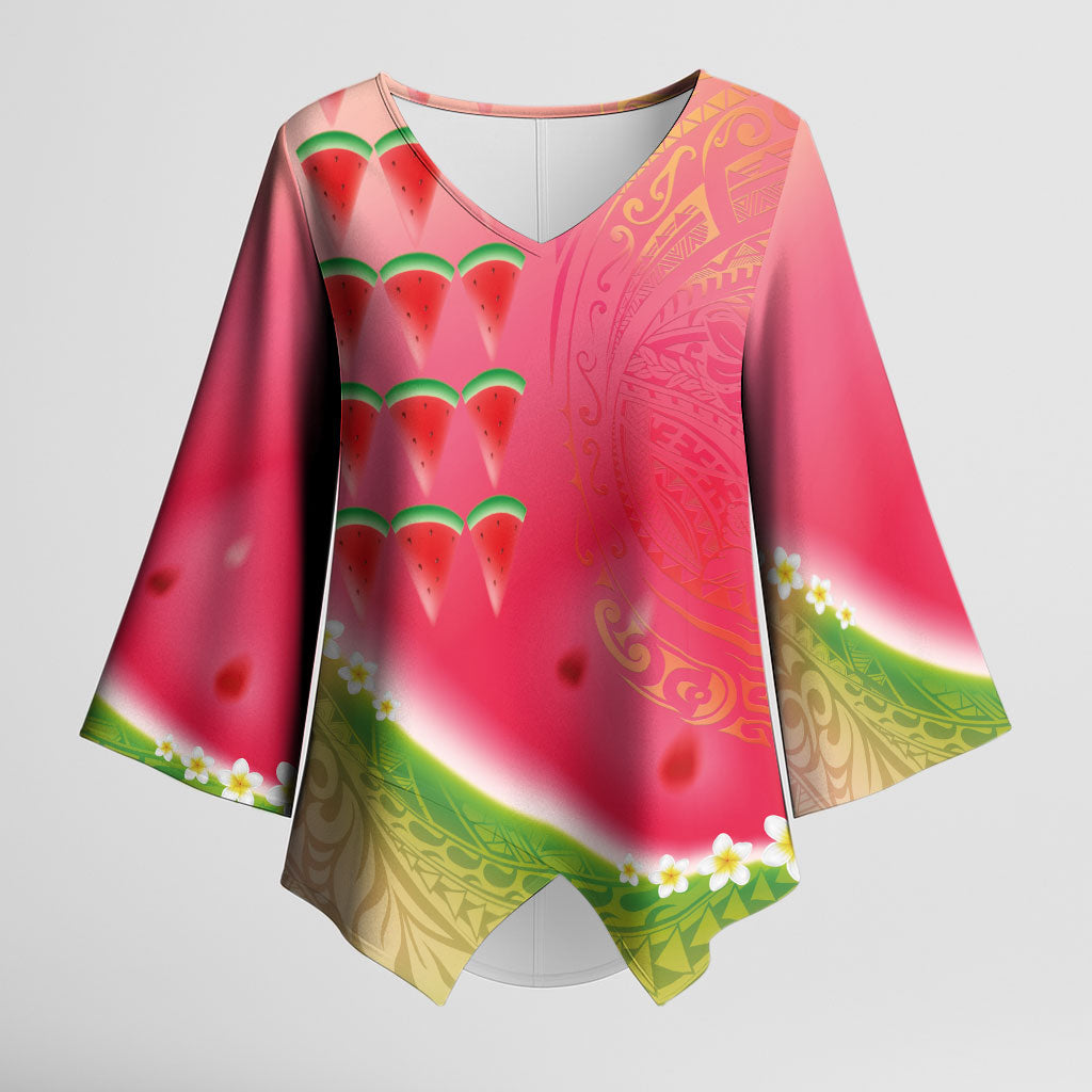 Hawaiian Watermelon Kimono Sleeve Blouse with Kakau Art Tattoo LT03 Female Multicolor - Polynesian Pride