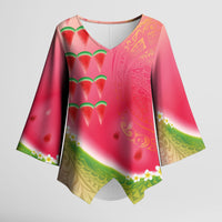 Hawaiian Watermelon Kimono Sleeve Blouse with Kakau Art Tattoo LT03 Female Multicolor - Polynesian Pride