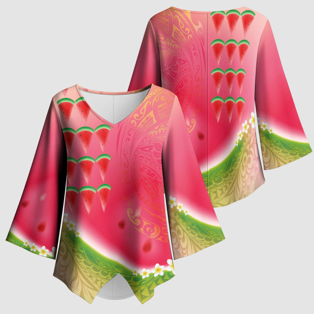 Hawaiian Watermelon Kimono Sleeve Blouse with Kakau Art Tattoo LT03 - Polynesian Pride