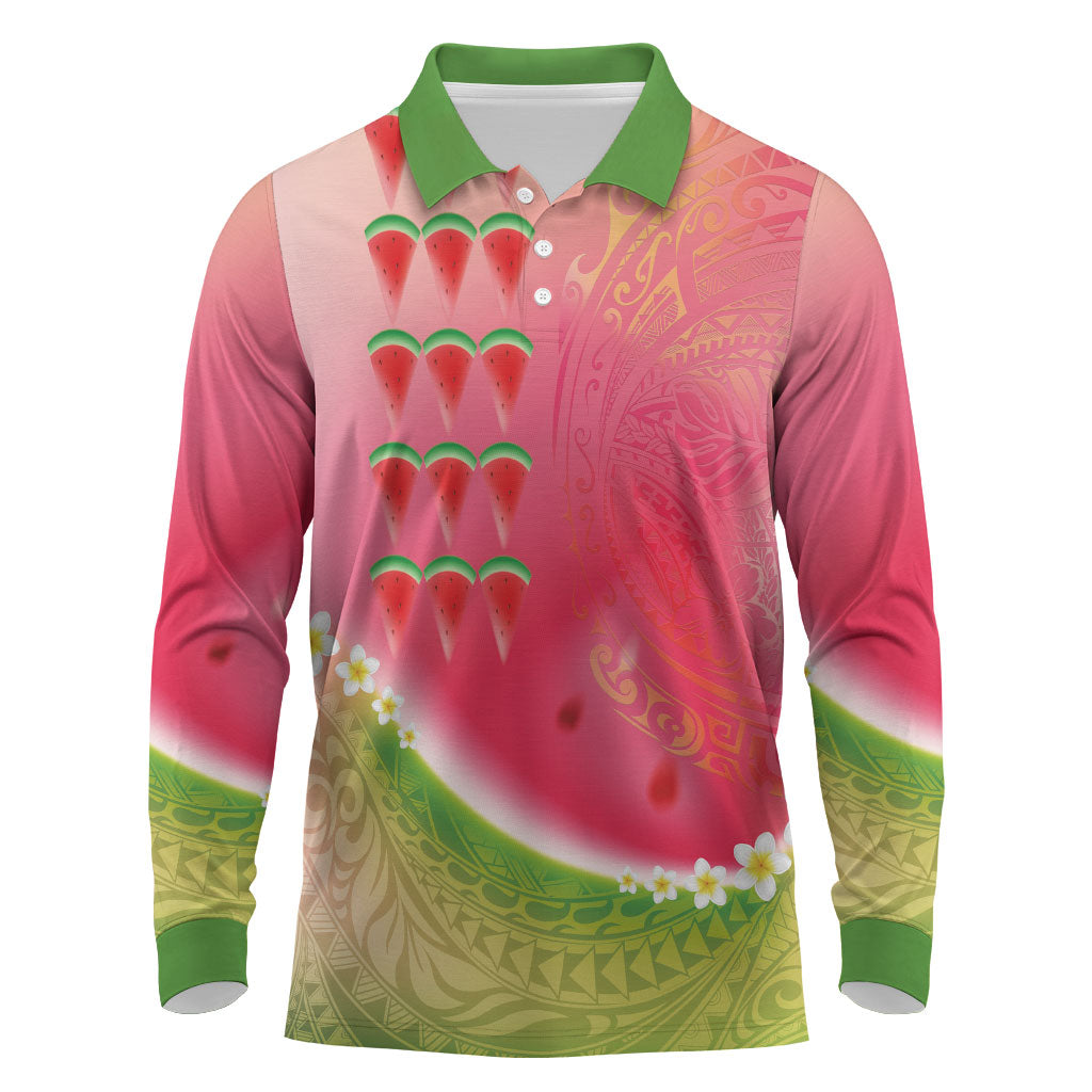 Hawaiian Watermelon Long Sleeve Polo Shirt with Kakau Art Tattoo LT03 Multicolor - Polynesian Pride
