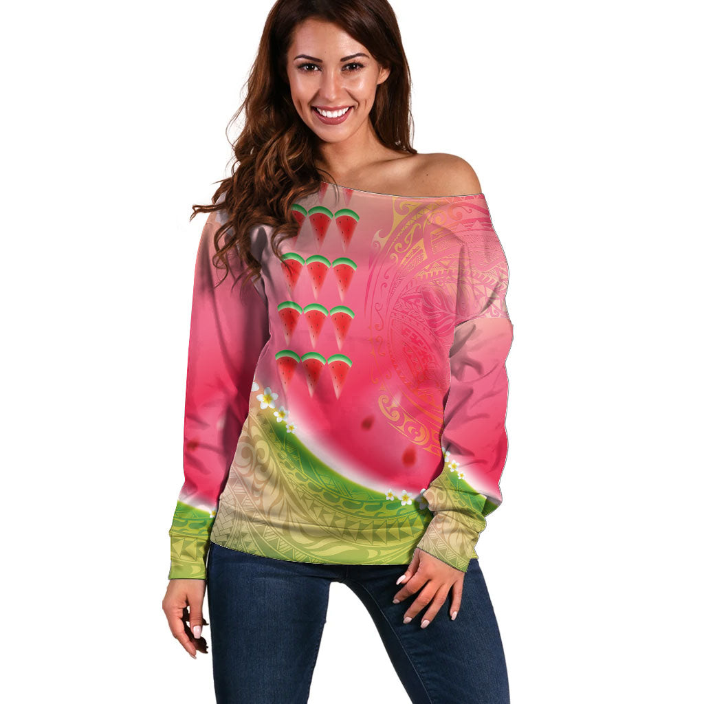 Hawaiian Watermelon Off Shoulder Sweater with Kakau Art Tattoo LT03 Women Multicolor - Polynesian Pride