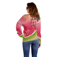 Hawaiian Watermelon Off Shoulder Sweater with Kakau Art Tattoo LT03 - Polynesian Pride