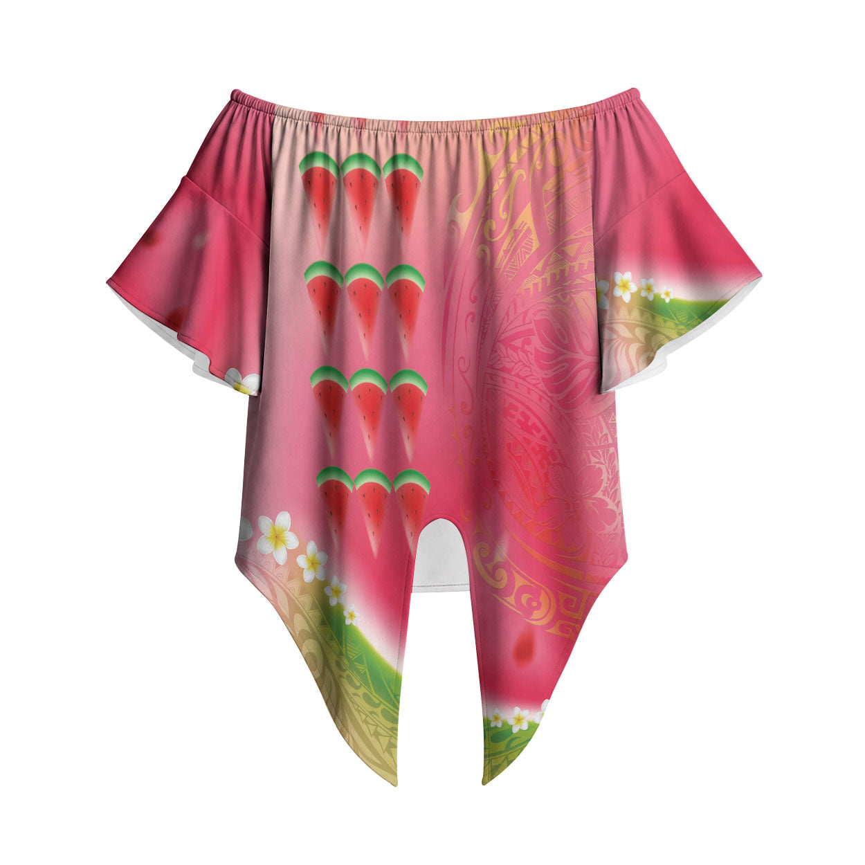 Hawaiian Watermelon Off Shoulder Wrap Waist Top with Kakau Art Tattoo LT03 Multicolor - Polynesian Pride