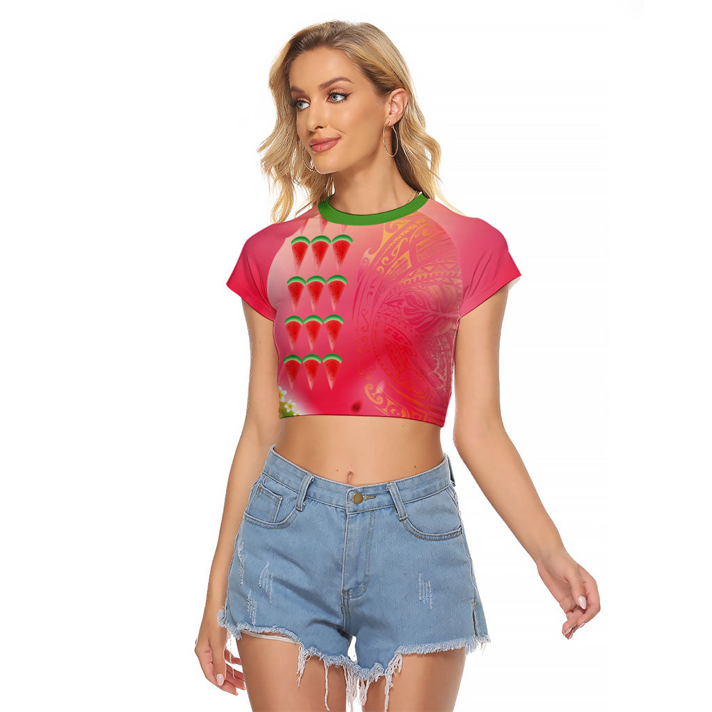 Hawaiian Watermelon Raglan Cropped T Shirt with Kakau Art Tattoo LT03 Female Multicolor - Polynesian Pride