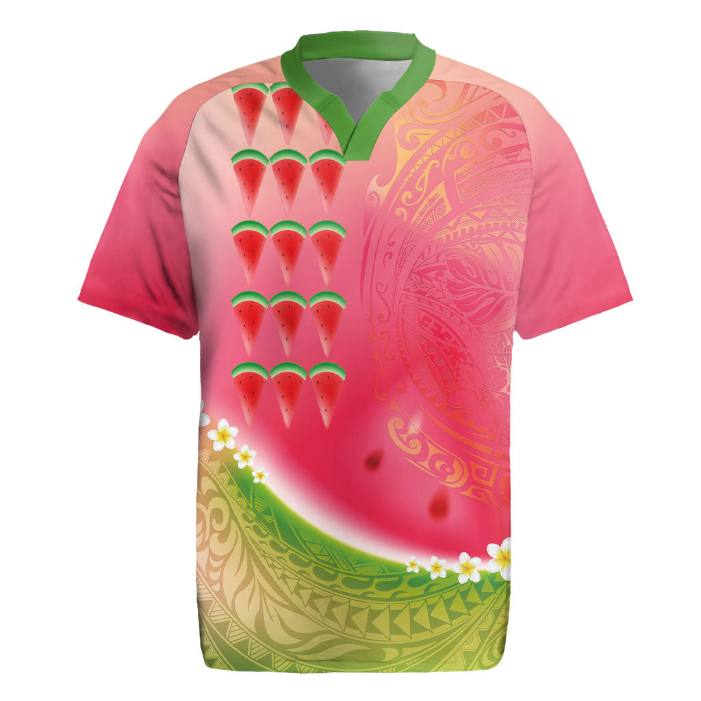 Hawaiian Watermelon Rugby Jersey with Kakau Art Tattoo LT03 Multicolor - Polynesian Pride